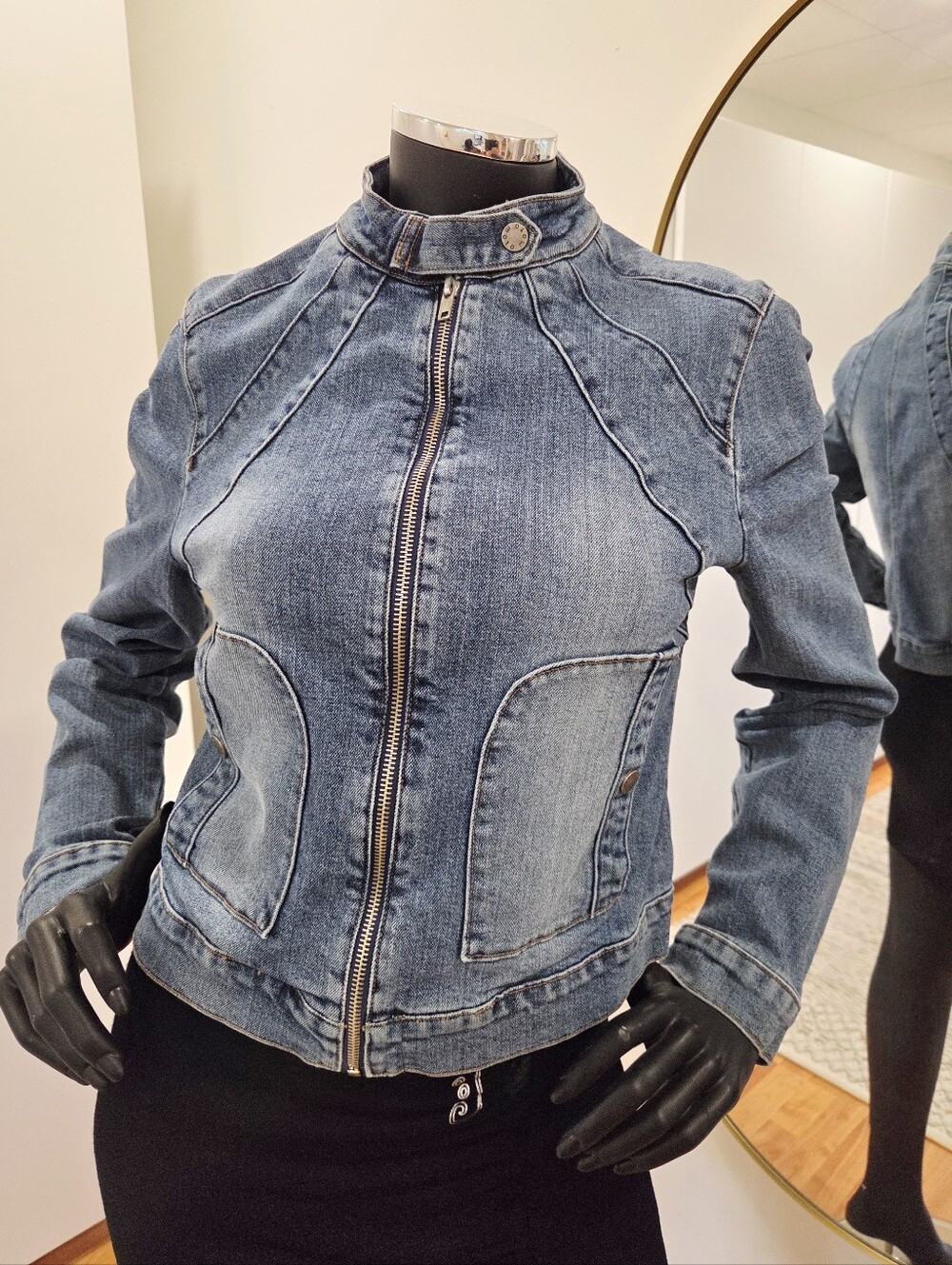 Vintage Y2K Denim Jacket, Moto UK Design, Fitted M, Zip Front, Cropped